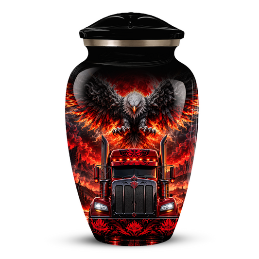Personalized Adult Cremation Urn for Ashes, Custom Red Semi Truck and Fiery Eagle Memorial Urn, Truck Driver Urn
