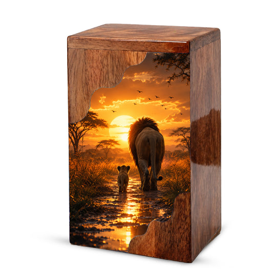Lion Wooden Cremation Urn – Sunset Memorial Urn for Human Ashes | Strength, Love & Eternal Connection Wooden Urn
