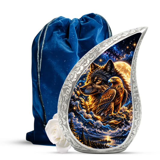 Wolf and Eagle Cremation Urn for Ashes, Wildlife Adult Memorial Urn, Celestial Animal Design