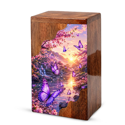 Purple Butterfly Wooden Cremation Urn – Floral Waterfall Memorial Urn for Human Ashes