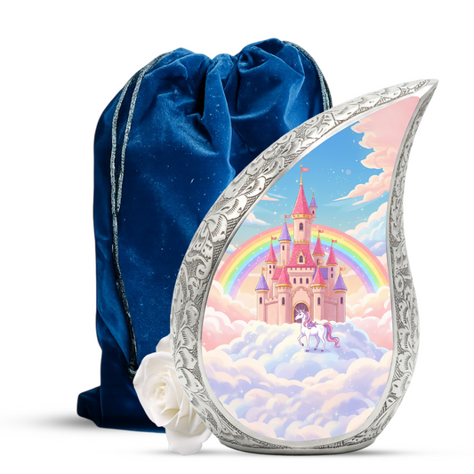 Rainbow Castle Unicorn Memorial Urn | Child Keepsake Urn | Baby Memorial Urn for Ashes