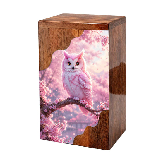 Pink Owl Wooden Cremation Urn – Cherry Blossom Memorial Urn