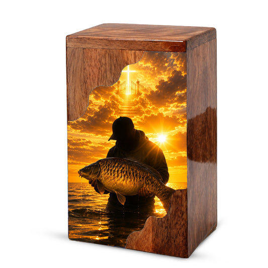 Fisherman Heaven Wooden Cremation Urn – Sunset Fishing Memorial Urn