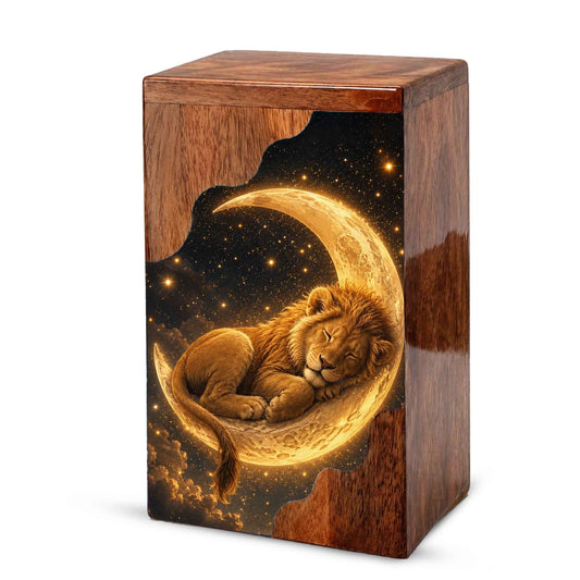 Lion Wooden Cremation Urn for Dad, Sleeping Lion Moon Urn