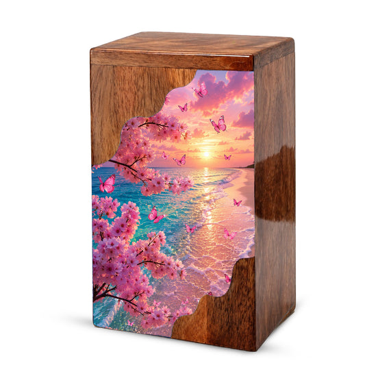 Cherry Blossom Beach Wooden Cremation Urn – Butterfly Memorial Urn for Human Ashes