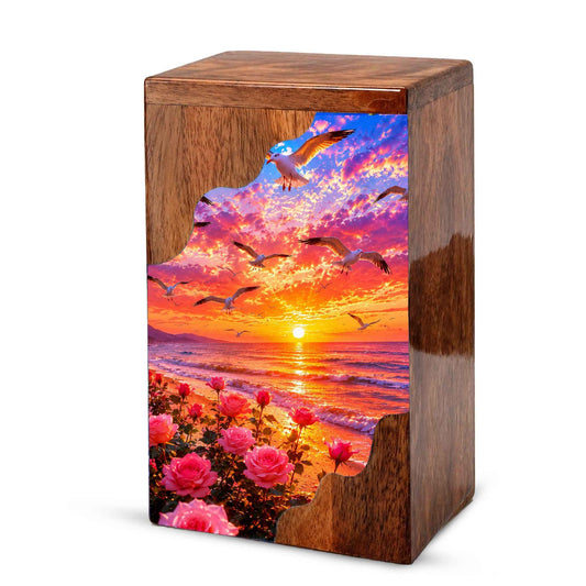 Personalized Sunset Beach Wooden Cremation Urn – Ocean Memorial Urn with Seagulls & Rose Garden