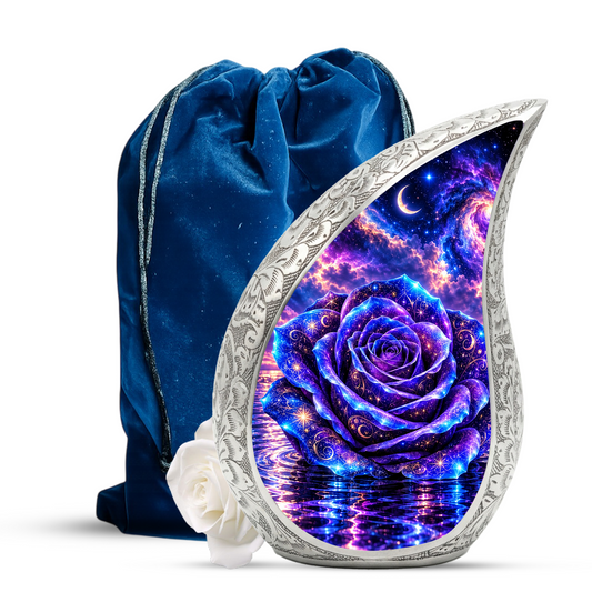 Galaxy Rose Cremation Urn for Mom - Purple Cosmic Rose Memorial Keepsake Urn