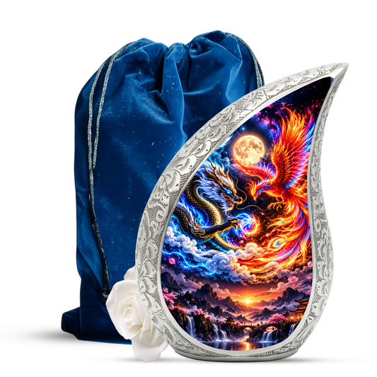 Dragon and Phoenix Cremation Urn for Ashes, Mythical Bird Adult Memorial Urn