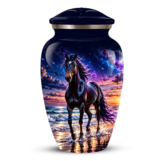 Personalized Adult Cremation Urn for Ashes, Custom Horse Memorial Urn, Black Horse with Purple Mane and Galaxy Sunset Design