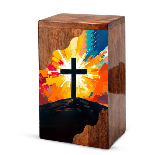 Wooden Cremation Urn – Radiant Cross Memorial Urn | Christian Wooden Urn for Ashes