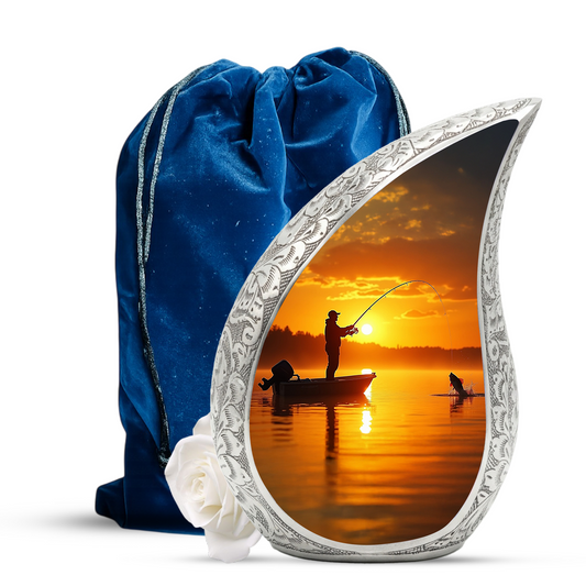 Fishing Personalized Cremation Urn for Dad – Teardrop Style Aluminum Memorial Urn, 10 Inch