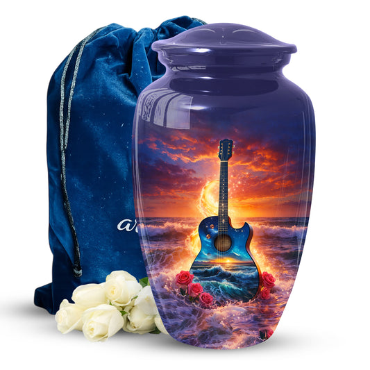 Guitar Funeral Urn - Adult Cremation Large Urn for Ashes |Ocean Sunset Memorial Urn