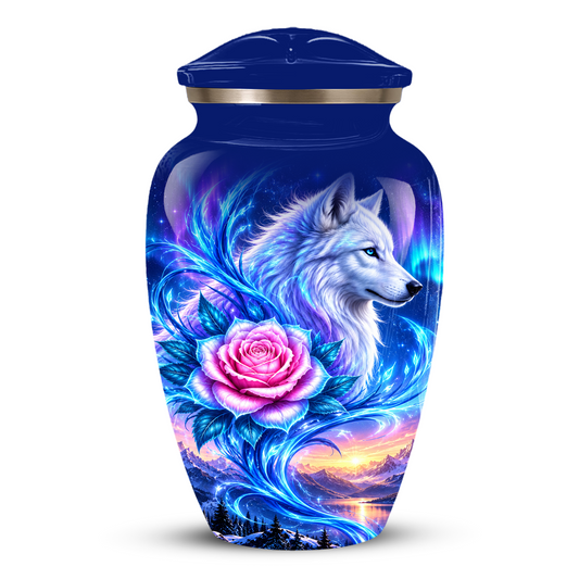 White Wolf and Pink Rose Cremation Urn for Adult Ashes, Blue Memorial Urn with Celestial Aurora and Sunset Mountain Artwork