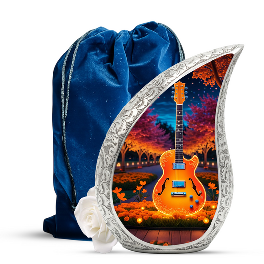 Personalized Guitar Cremation Urn – Custom Music Memorial Urn for Ashes, Teardrop Aluminum Adult Urn, 10 Inch