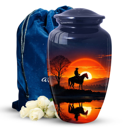 Cowboy Horse Urn for Dad | Funeral Cremation Large Urn for Father | Western Sunset Memorial Urn