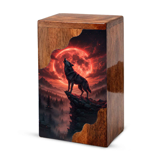 Wooden Cremation Urn – Red Moon Wolf Memorial Urn | Custom Wooden Memorial Urn for Dad