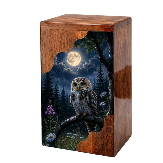 Owl Wooden Cremation Urn – Moonlit Memorial Urn | Wooden Urn for Human Ashes