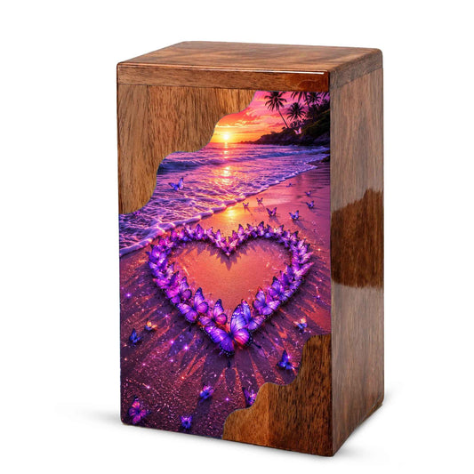 Butterfly Heart Beach Wooden Cremation Urn – Personalized Memorial Urn for Human Ashes