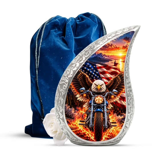 Patriotic Eagle Motorcycle Urn for Human Ashes, American Flag Adult Cremation Urn
