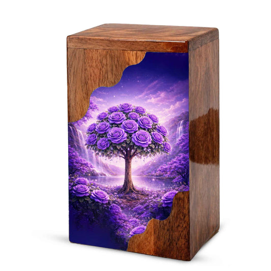 Purple Rose Tree Wooden Cremation Urn – Floral Memorial Urn with Tree of Life