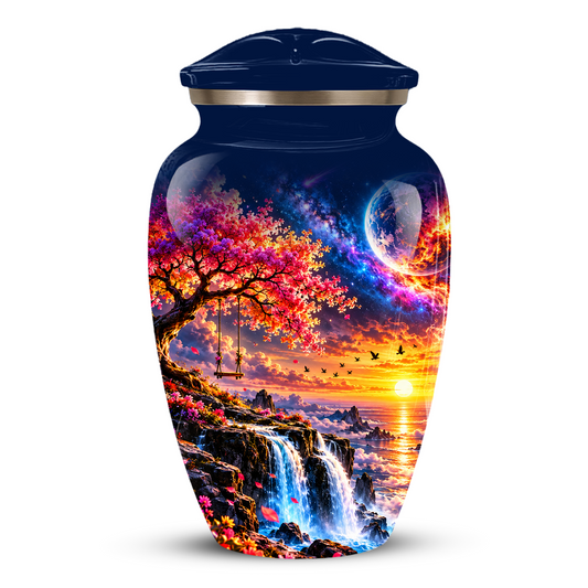 Personalized Adult Cremation Urn for Ashes, Custom Memorial Urn, Fantasy Sunset Waterfall and Cherry Blossom Design