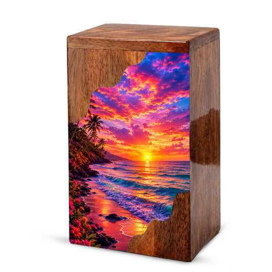 Sunset Beach Wooden Cremation Urn – Ocean Sunset Memorial Urn for Human Ashes