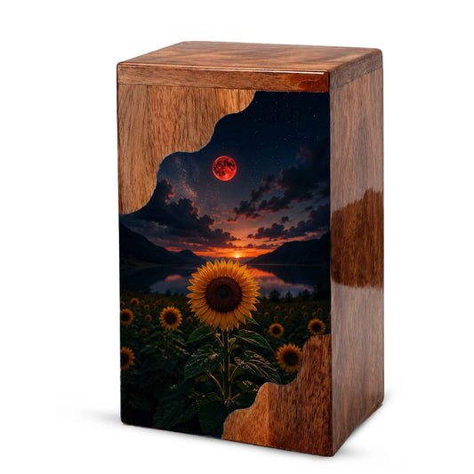 Sunflower Wooden Cremation Urn for Mom | Personalized Wooden Urn for Human Ashes | Red Moon Memorial Urn