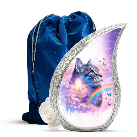 Personalized Cat Cremation Urn – Custom Cat Memorial Urn for Ashes, Rainbow Bridge Pet Urn, Teardrop Aluminum Cat Urn, 10 Inch