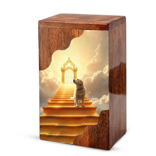 Dog Wooden Cremation Urn – Custom Pet Memorial Urn with Heavenly Dog