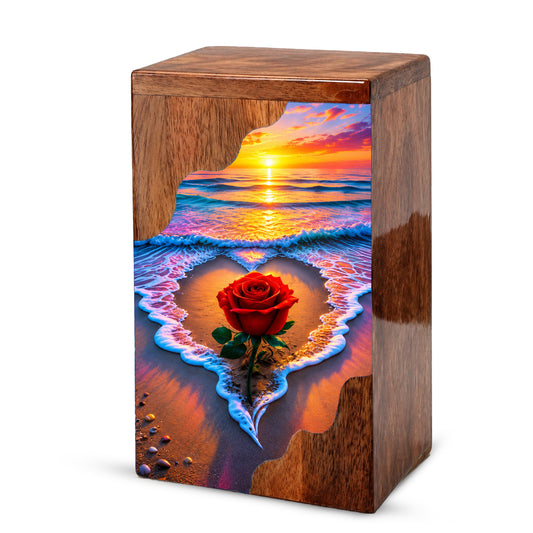 Rose Beach Wooden Cremation Urn – Sunset Ocean Memorial Urn for Human Ashes