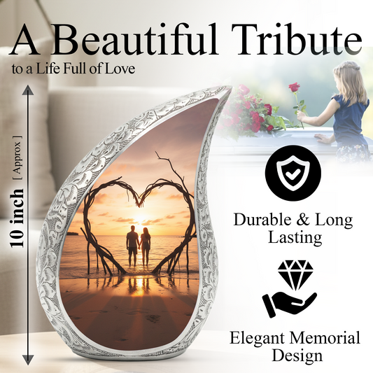 Couple Love Sunset Personalized Cremation Urn – Teardrop Aluminum Memorial Urn, 10 Inch