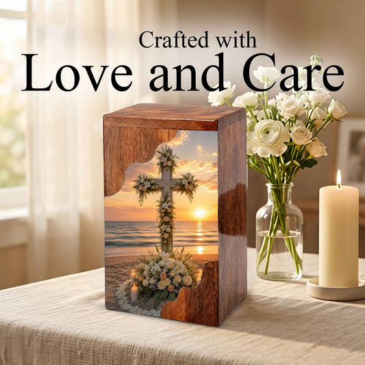 Wooden Cremation Urn for Human Ashes, Christian Urn