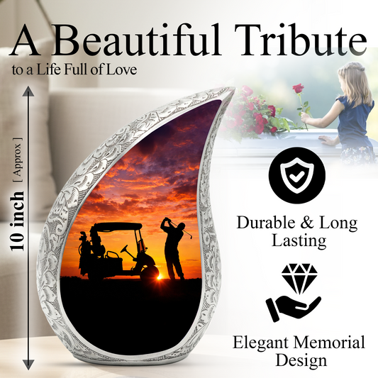 Golf Personalized Cremation Urn – Teardrop Style Aluminum Memorial Urn, 10 Inch