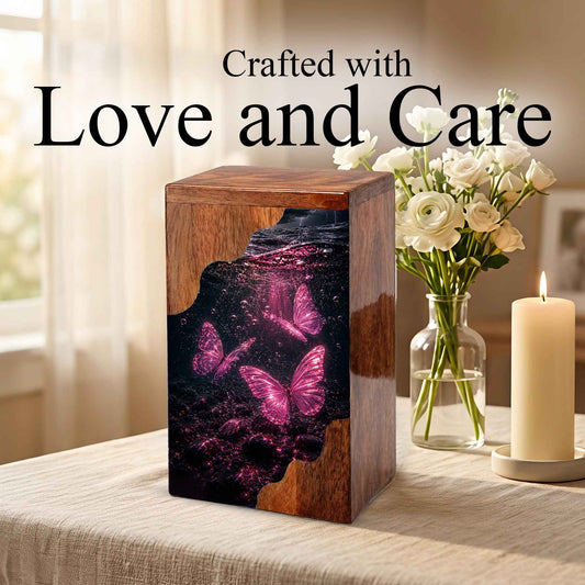 Butterfly Wooden Cremation Urn |Pink Butterfly Urn