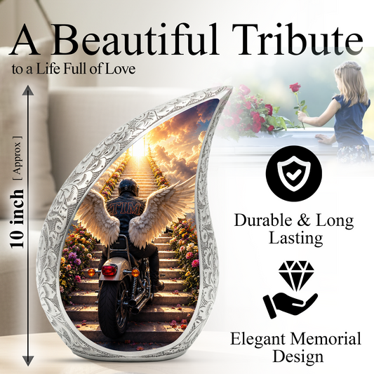 Motorcycle Angel Wings Urn for Dad Ashes | Motorcycle Cremation Urn for Men, Adult Male Memorial Urn for Father,
