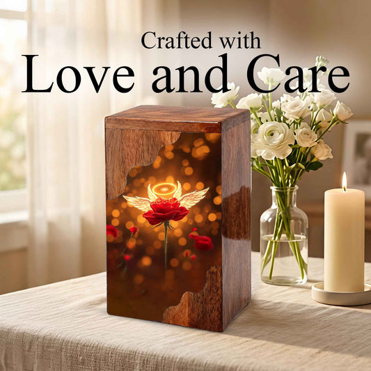 Wooden Cremation Urn – Angel Rose Memorial Urn | Custom Wooden Memorial Urn for Mom