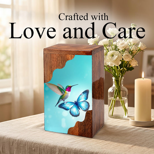 Hummingbird & Blue Butterfly Wooden Cremation Urn – Symbolic Memorial Wooden Urn for Human Ashes