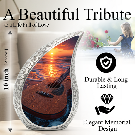 Beach Guitar Sunset Urn for Human Ashes | Adult Cremation Urn with Ocean & Guitar Memorial Design