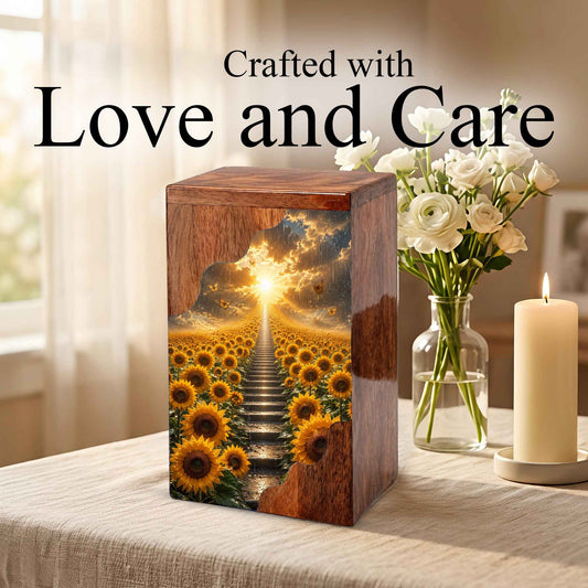 Sunflower Wooden Cremation Urn for Mom | Personalized Urn for Human Ashes