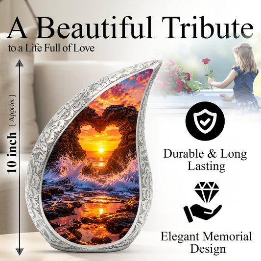 Heart Rock Ocean Sunset Memorial Urn – Personalized Cremation Urn for Human Ashes| Coastal Memorial Keepsake