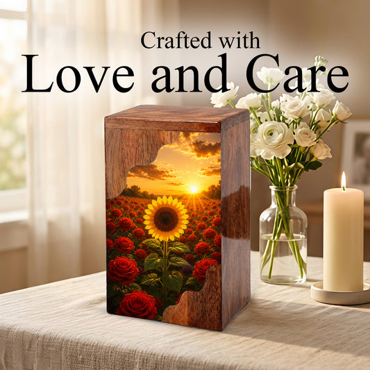 Sunflower Wooden Cremation Urn for Mom | Rose Memorial Urn for Human Ashes