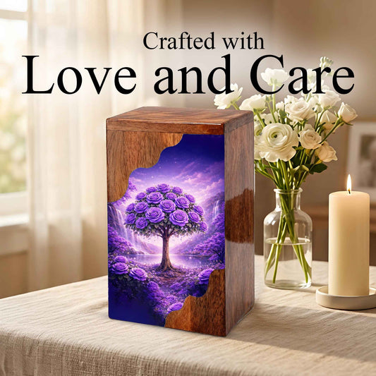 Purple Rose Tree Wooden Cremation Urn – Floral Memorial Urn with Tree of Life