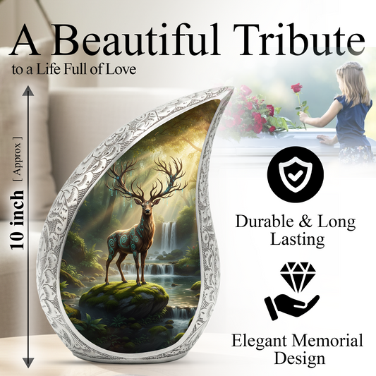 Personalized Deer Forest Memorial Urn – Teardrop Memorial Urn for Ashes | 10 Inch Aluminum Adult Urn