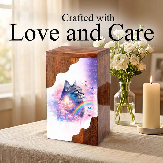 Wooden Cat Cremation Urn – Custom Cat Memorial Urn with Rainbow Bridge Design