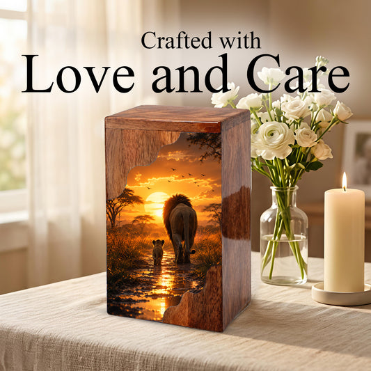 Lion Wooden Cremation Urn – Sunset Memorial Urn for Human Ashes | Strength, Love & Eternal Connection Wooden Urn