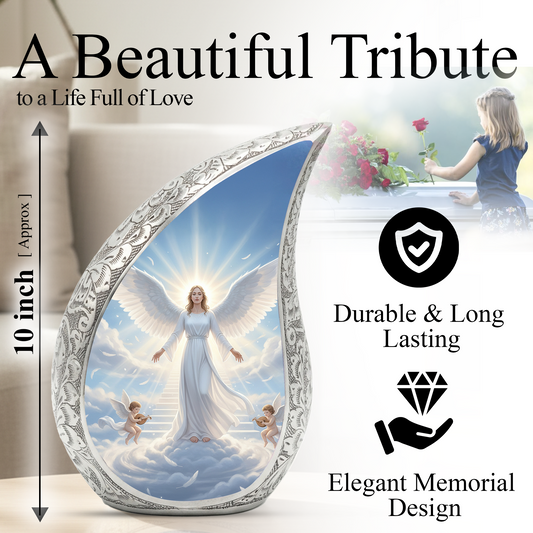 Personalized Angel Cremation Urn – Custom Heavenly Memorial Urn for Ashes, Guardian Angel Teardrop Aluminum Adult Urn, 10 Inch