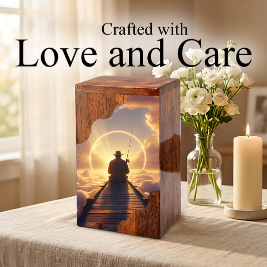Fishing in Heaven Personalized Wooden Cremation Urn for Dad – Custom Memorial Urn with Sunset Fishing