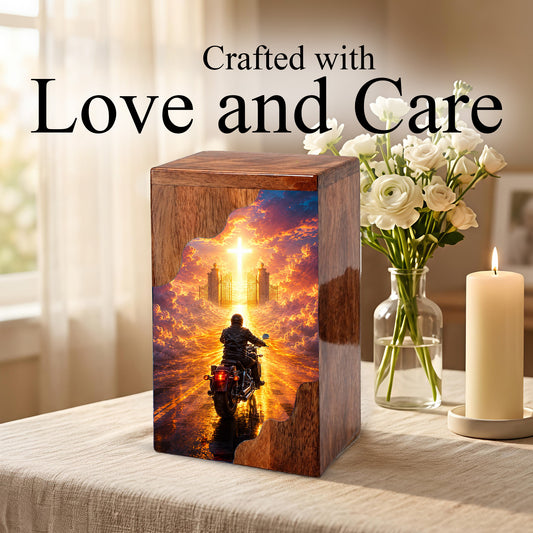 Motorcycle Heaven Wooden Cremation Urn – Christian Memorial Urn for Human Ashes