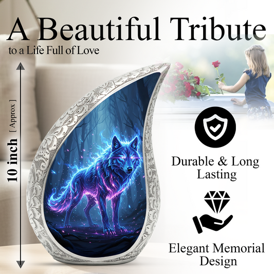 Mystic Wolf Personalized Cremation Urn – Teardrop Memorial Urn for Ashes | 10 Inch Aluminum Adult Urn
