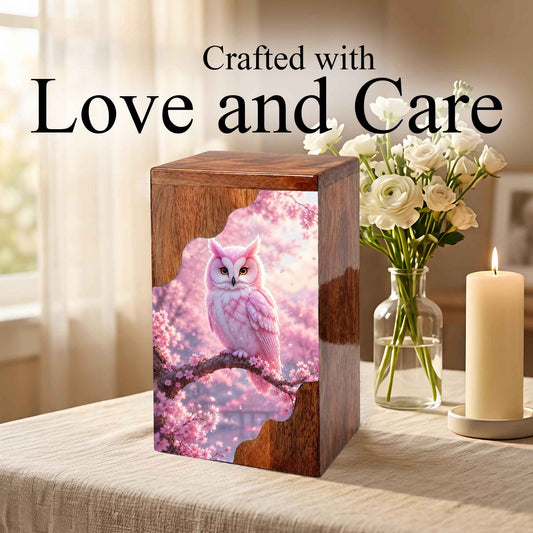 Pink Owl Wooden Cremation Urn – Cherry Blossom Memorial Urn